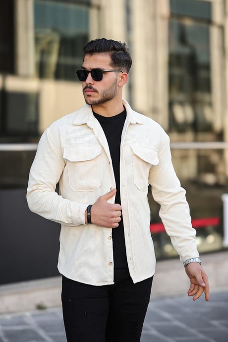 Premium Çift Cepli Kadife Gömlek - Ekru