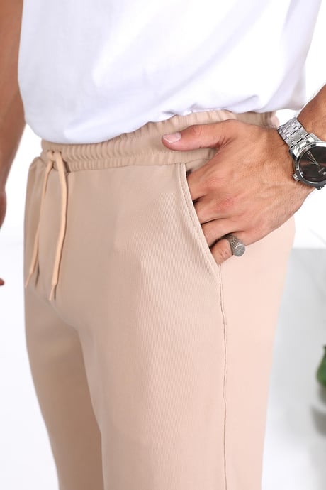 Premium Dokulu Duble Paça Fit Pantolon - Bej