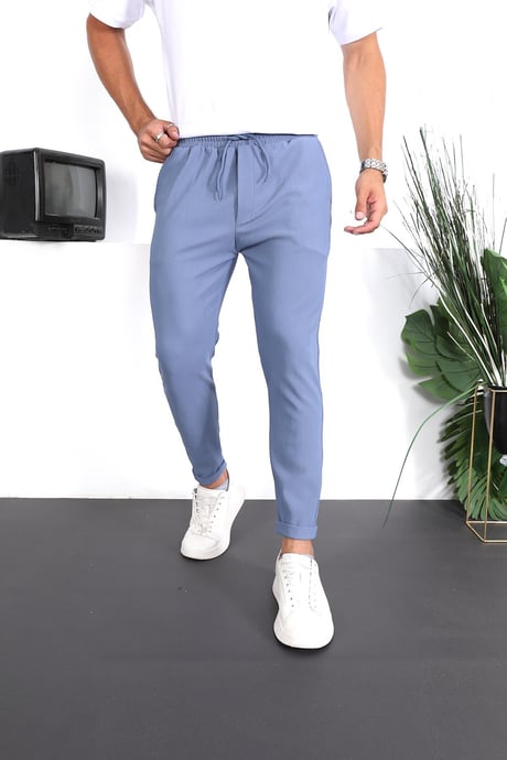 Premium Dokulu Duble Paça Fit Pantolon - Mavi