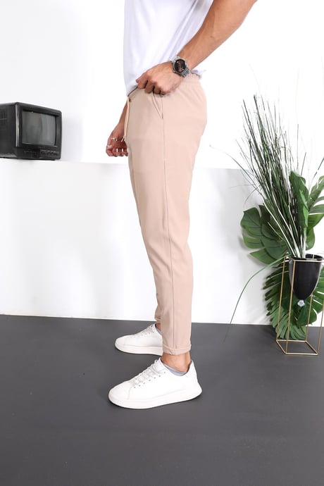 Premium Dokulu Duble Paça Fit Pantolon - Bej