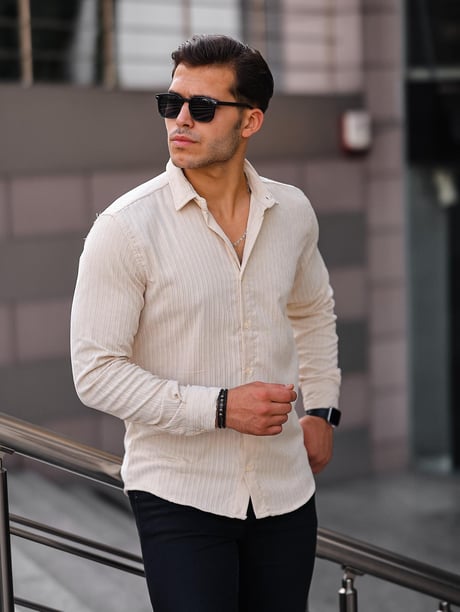 Premium Şeritli Kadife Gömlek - Krem