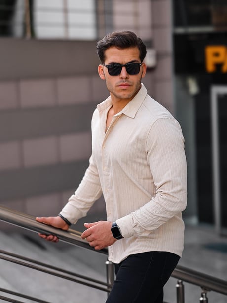 Premium Şeritli Kadife Gömlek - Krem