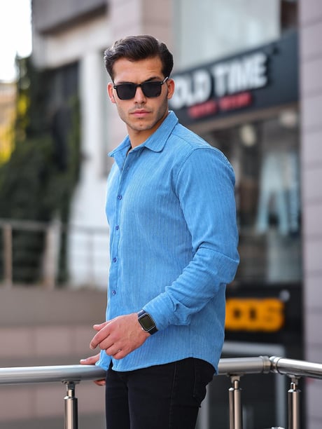 Premium Şeritli Kadife Gömlek - Mavi