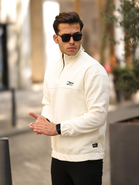 Premium Yarım Ferrmuar Polar Sweatshirt - Ekru