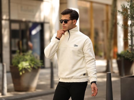 Premium Yarım Ferrmuar Polar Sweatshirt - Ekru