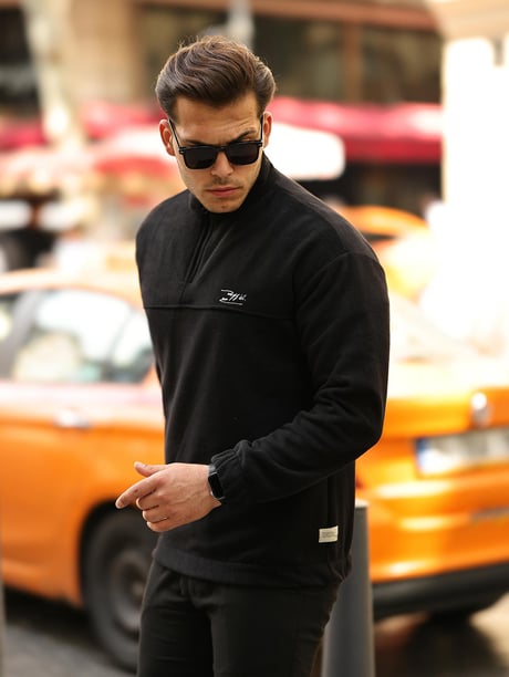 Premium Yarım Ferrmuar Polar Sweatshirt - Siyah