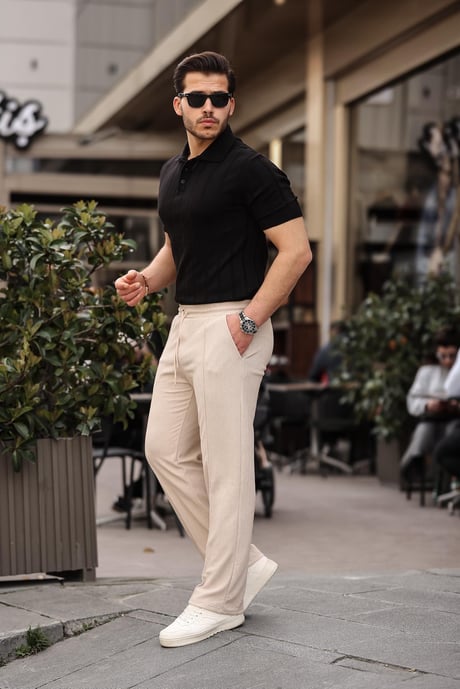 Rahat Kalıp Beli Lastikli Baggy Pamuk Pantolon - Bej