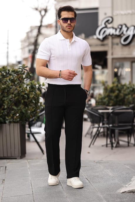 Rahat Kalıp Beli Lastikli Baggy Pamuk Pantolon - Siyah