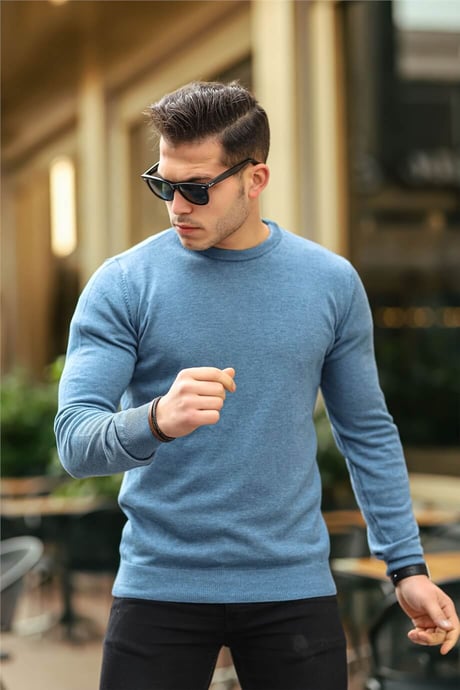 Reglan Kol Bisiklet Yaka İnce Kazak - İndigo