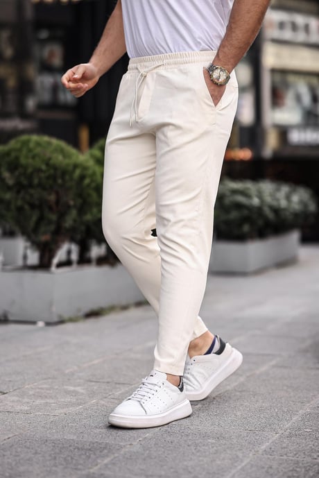 Relaxed Fit Lastikli Pantolon - Krem