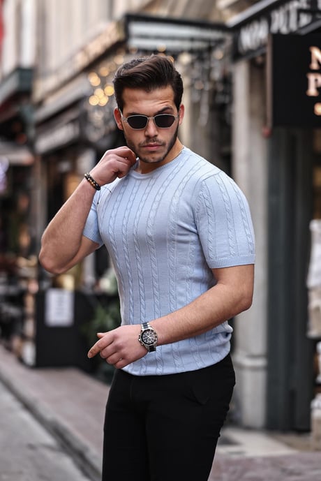 Saç Örgü Fit Kesim Bisiklet Yaka Triko T-Shirt - Açık Mavi