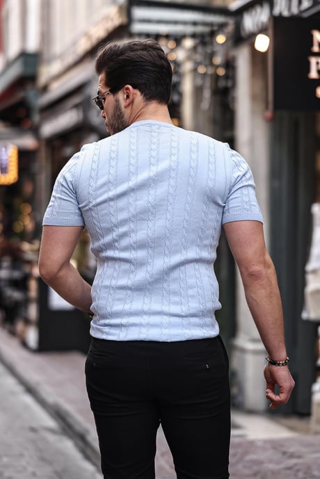 Saç Örgü Fit Kesim Bisiklet Yaka Triko T-Shirt - Açık Mavi