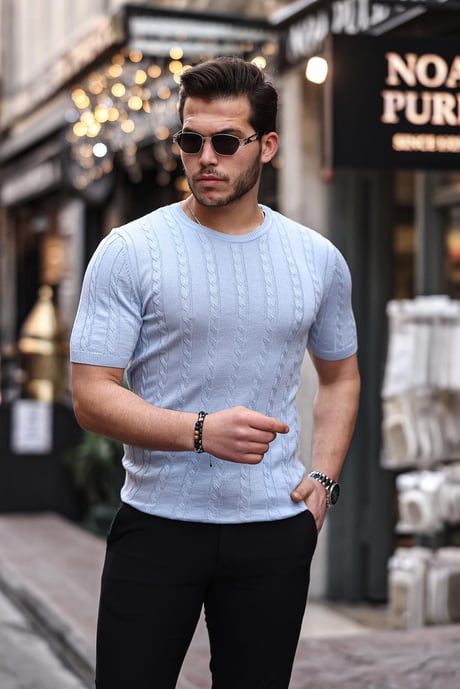 Saç Örgü Fit Kesim Bisiklet Yaka Triko T-Shirt - Açık Mavi