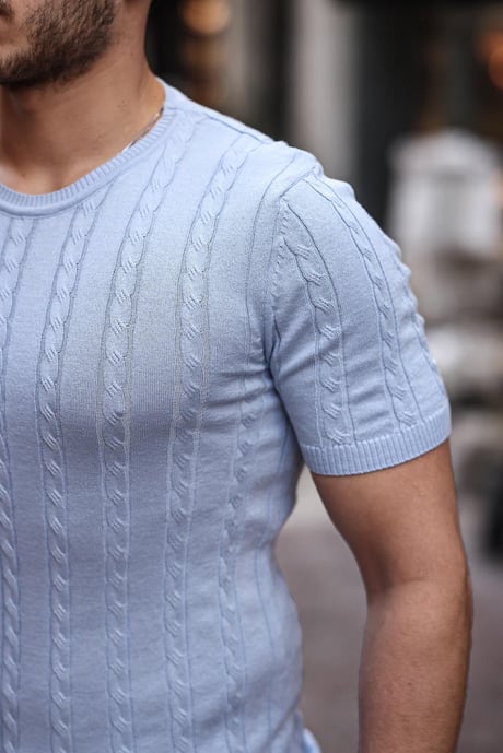 Saç Örgü Fit Kesim Bisiklet Yaka Triko T-Shirt - Açık Mavi