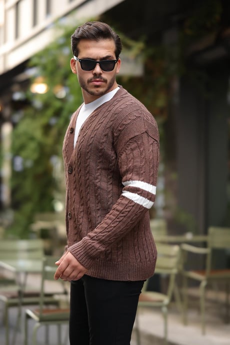 Saç Örgü Kolları Şerit Detaylı Triko Hırka - Kahve