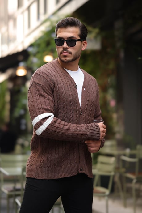 Saç Örgü Kolları Şerit Detaylı Triko Hırka - Kahve