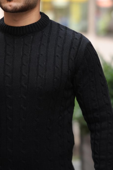 Saç Örgülü Bisiklet Yaka Erkek Triko Kazak - Siyah