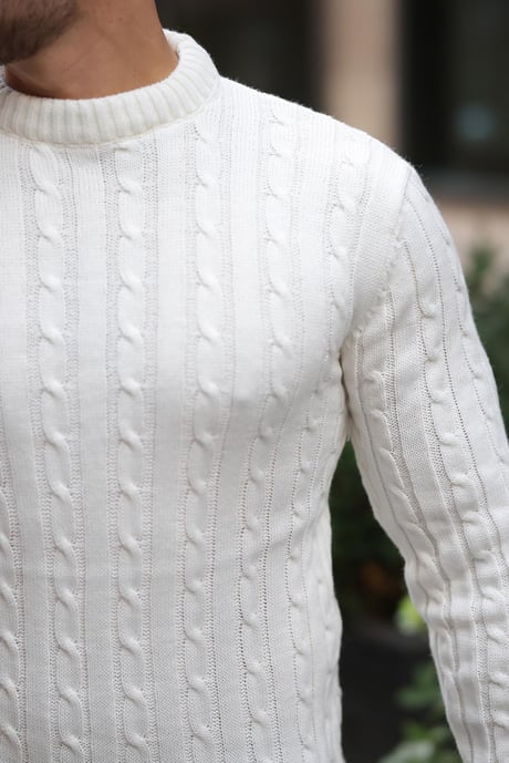 Saç Örgülü Bisiklet Yaka Erkek Triko Kazak - Ekru