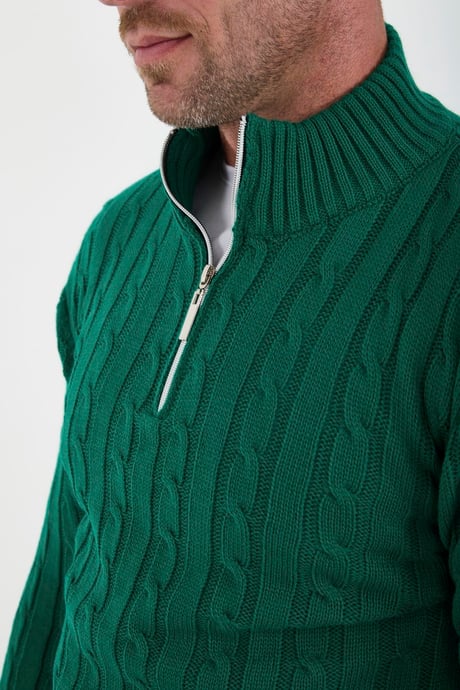 Saç Örgülü Yarım Fermuar Erkek Triko Kazak - Yeşil