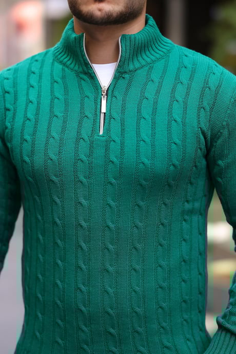 Saç Örgülü Yarım Fermuar Erkek Triko Kazak - Yeşil