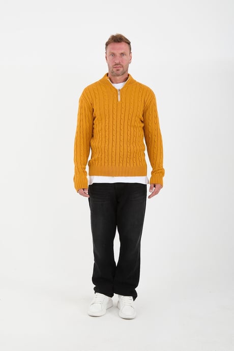 Saç Örgülü Yarım Fermuar Erkek Triko Kazak - Hardal