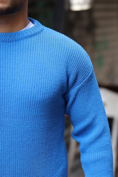 Selanik Örgülü Bisiklet Yaka Erkek Triko Kazak - Açık Mavi