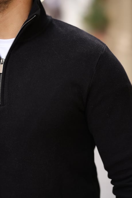 Selanik Örme Kumaş Yarım Fermuar Erkek Sweatshirt - Siyah