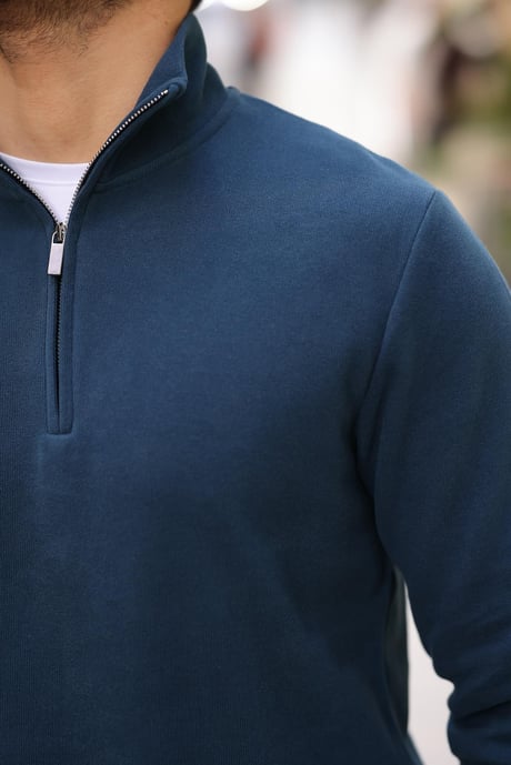 Selanik Örme Yarım Fermuar Erkek Sweatshirt - Prusya Mavisi