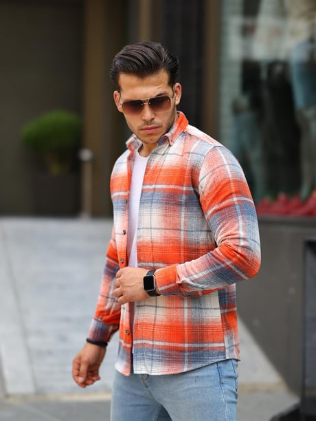 Şeritli Oduncu Fit Gömlek -  Turuncu