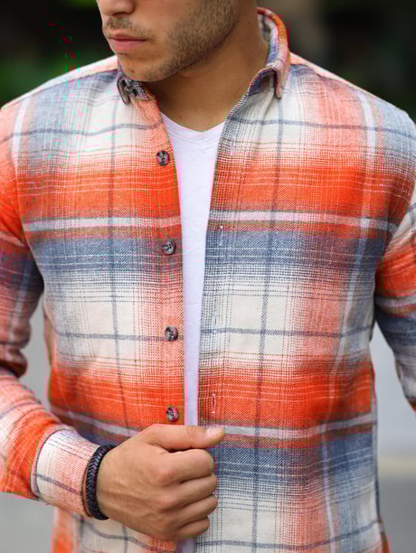 Şeritli Oduncu Fit Gömlek -  Turuncu