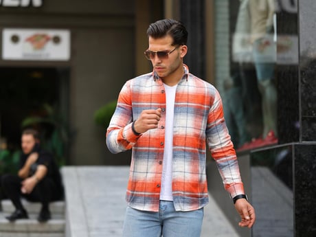 Şeritli Oduncu Fit Gömlek -  Turuncu