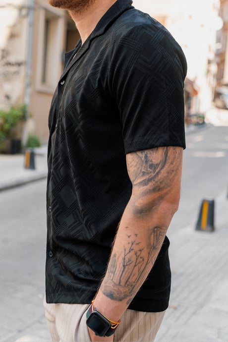 Siyah Erkek Jakarlı Desenli Kısa Kollu Relaxed Gömlek