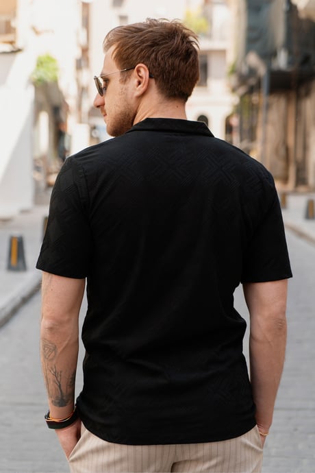 Siyah Erkek Jakarlı Desenli Kısa Kollu Relaxed Gömlek