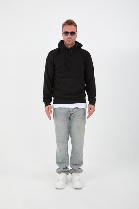 Siyah Erkek Oversize Kapüşonlu Kanguru Cepli Sweatshirt - Hoodie