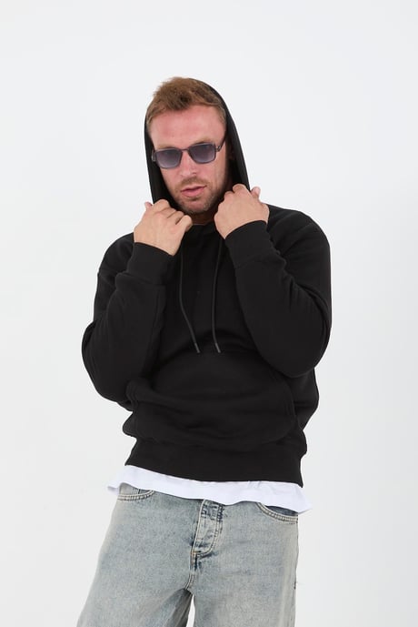 Siyah Erkek Oversize Kapüşonlu Kanguru Cepli Sweatshirt - Hoodie