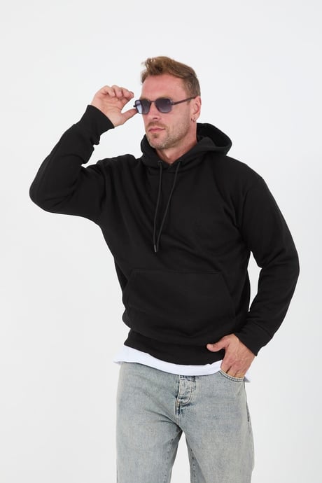 Siyah Erkek Oversize Kapüşonlu Kanguru Cepli Sweatshirt - Hoodie