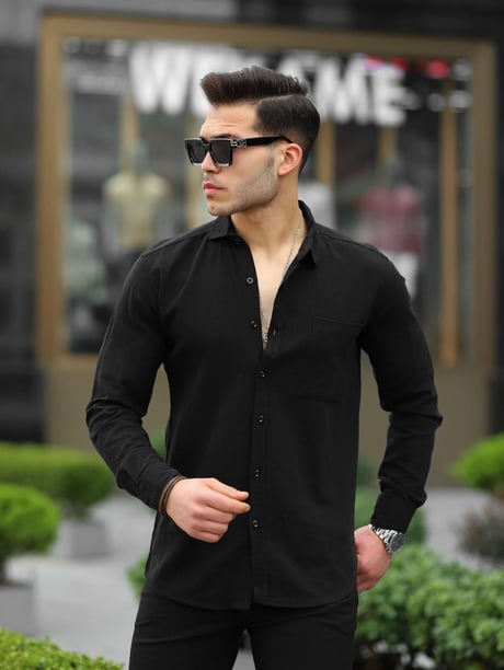 Siyah Erkek Şile Bezi Uzun Kol Fit Gömlek