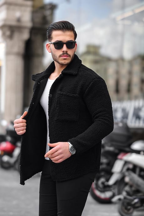 Tek Cepli Çıtçıtlı Peluş Ceket- Siyah