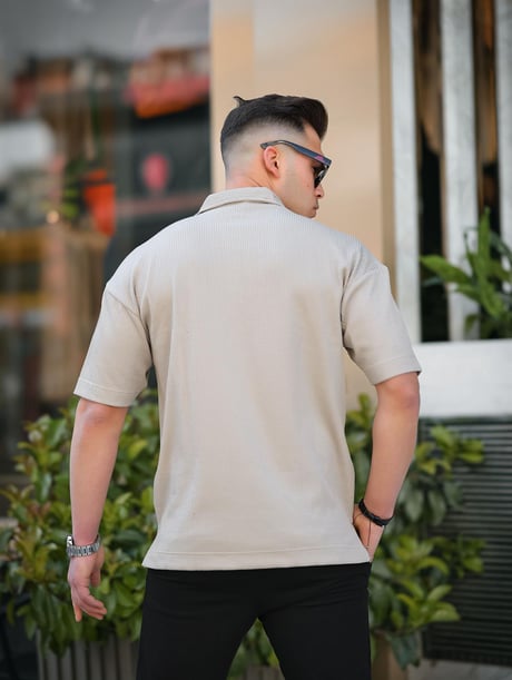 Tek Cepli Dokulu Oversize Gömlek - Bej