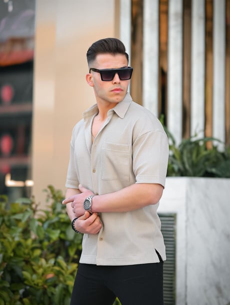 Tek Cepli Dokulu Oversize Gömlek - Bej