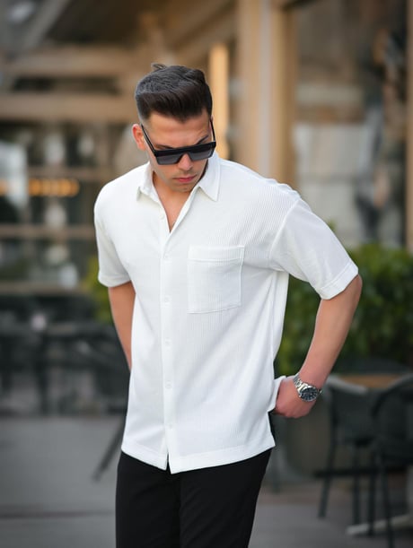 Tek Cepli Dokulu Oversize Gömlek - Beyaz