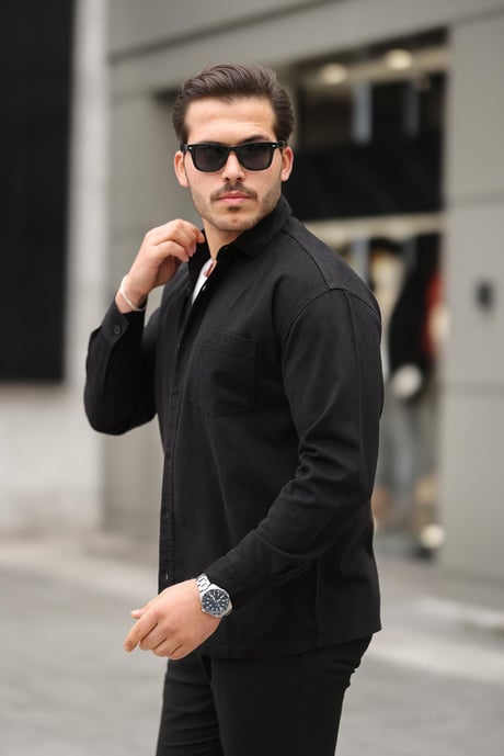 Tek Cepli Oversize Gabardin Kumaş Erkek Kadife Gömlek - Siyah