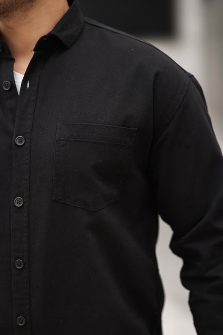Tek Cepli Oversize Gabardin Kumaş Erkek Kadife Gömlek - Siyah