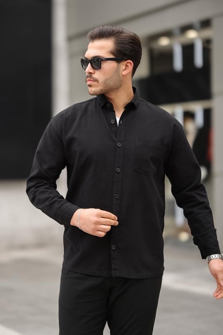 Tek Cepli Oversize Gabardin Kumaş Erkek Kadife Gömlek - Siyah