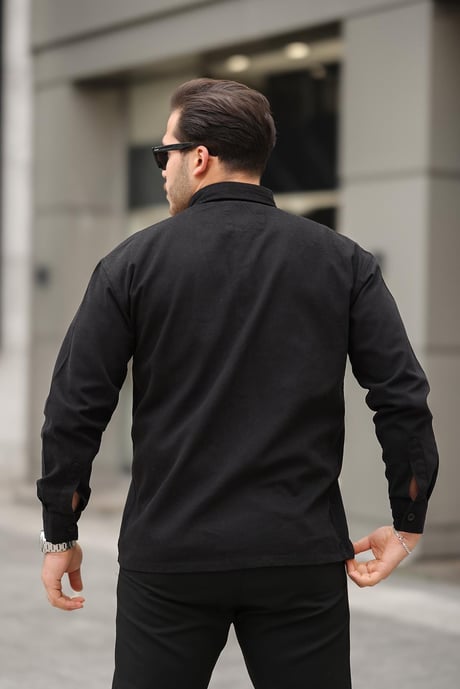 Tek Cepli Oversize Gabardin Kumaş Erkek Kadife Gömlek - Siyah
