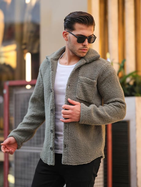 Tek Cepli Oversize Peluş Ceket- Haki