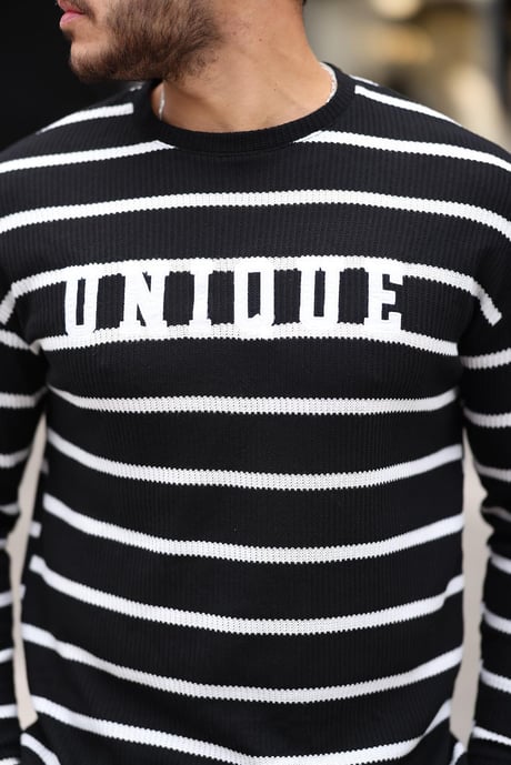 Unique Baskılı Çizgili Erkek Sweatshirt - Siyah