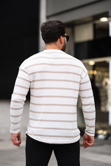 Unique Baskılı Çizgili Erkek Sweatshirt - Bej