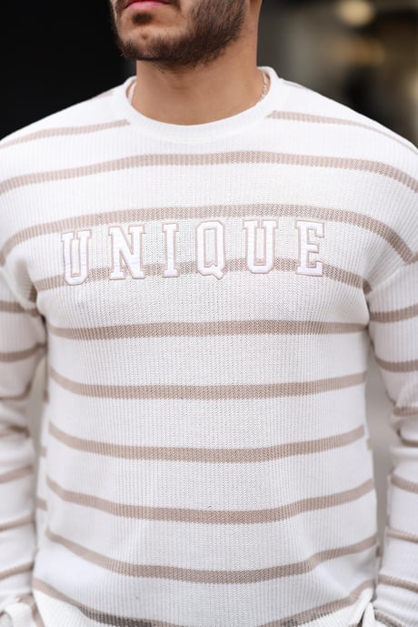 Unique Baskılı Çizgili Erkek Sweatshirt - Bej