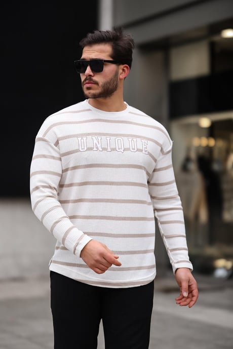 Unique Baskılı Çizgili Erkek Sweatshirt - Bej